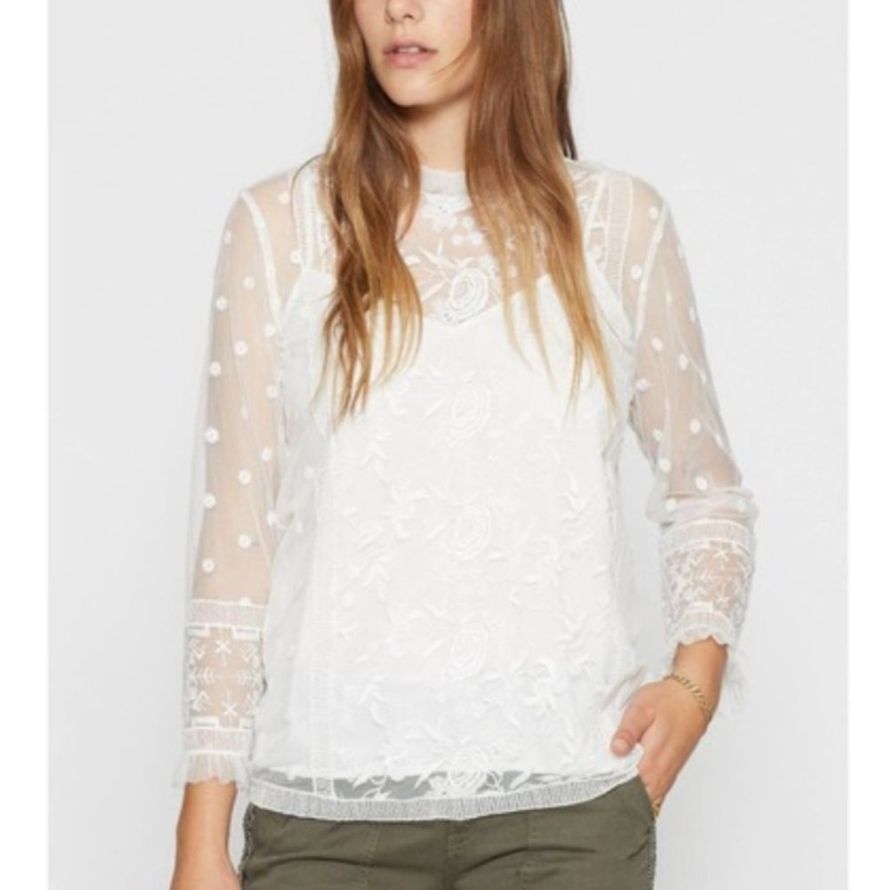Joie Jaelin High-Neck Semisheer Lace Blouse, White, Women Embroidered